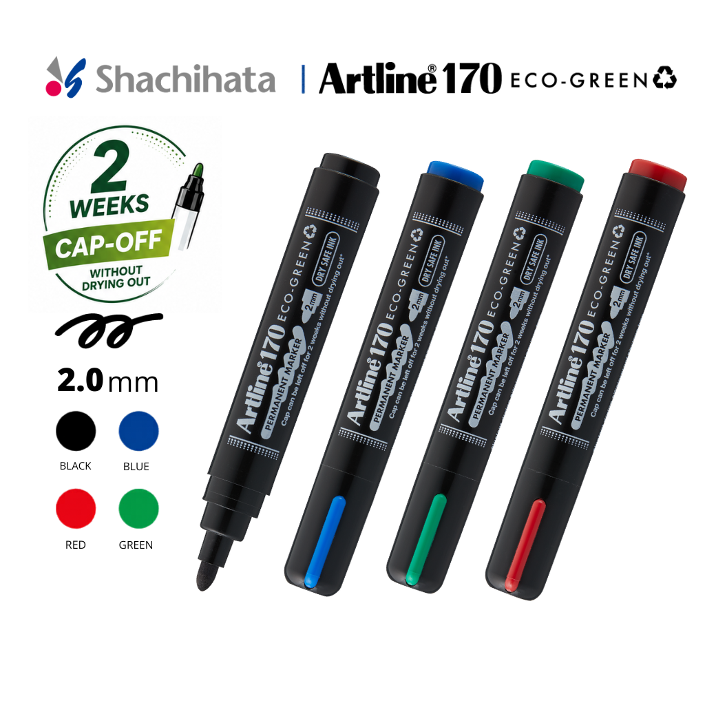 Artline 170 / 190 Eco-Green Dry Safe Permanent Marker Box Set (12pcs) - Medium Point 2.0mm - 5.0mm | 4 Colours | 2 Weeks Cap Off Dry Safe Ink  Black