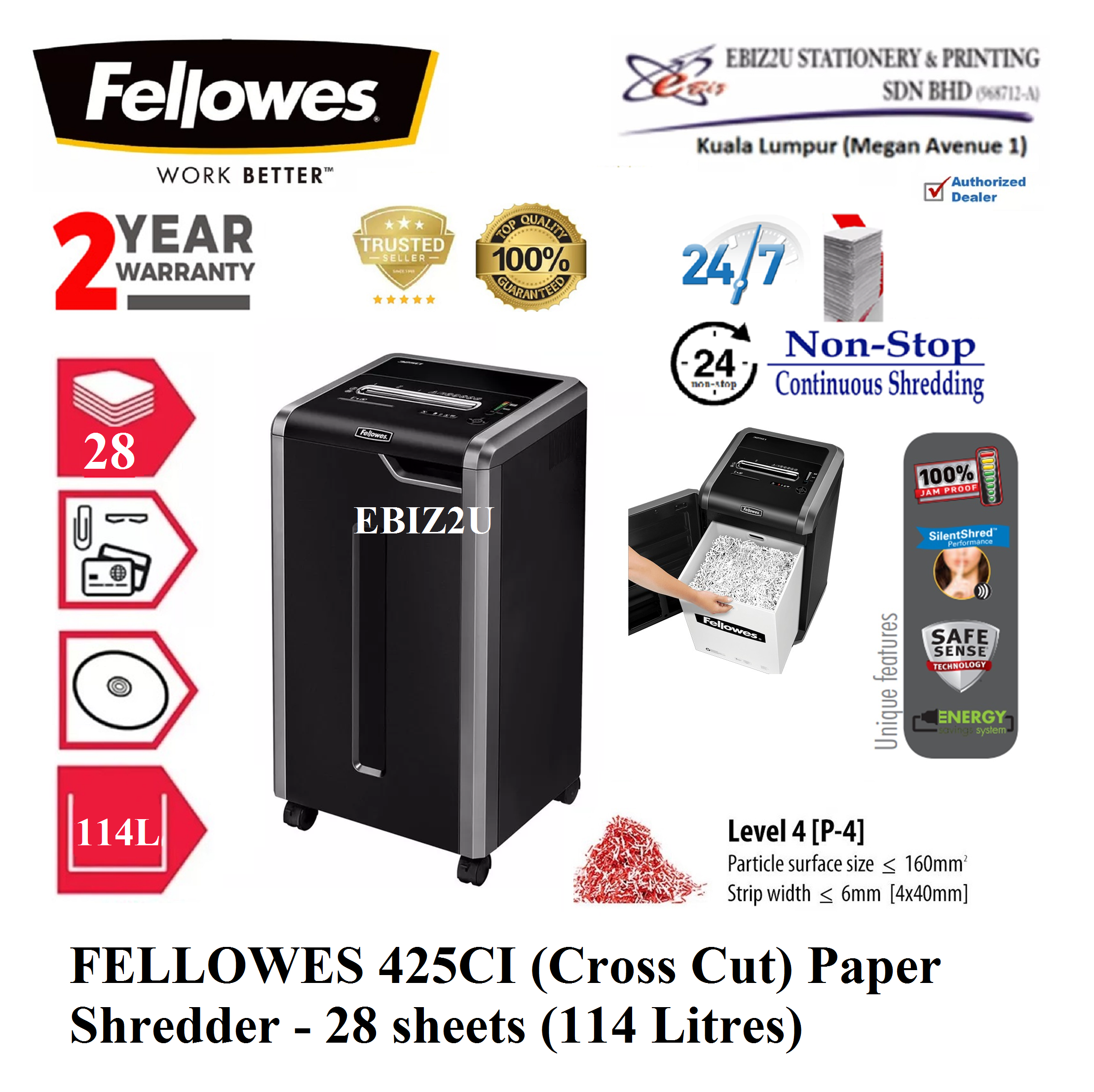 FELLOWES 425CI (Cross Cut) Paper Shredder - 28 sheets (121 Litres) (Paper Shredder, Shredder Machine, Office Shredder, Mesin Penghancur Kertas, Heavy Duty Shredder, Heavy Duty Paper Shredder)