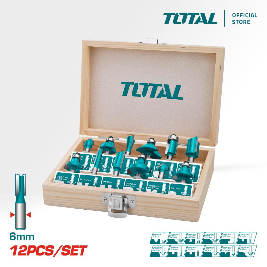 TOTAL ROUTER BIT SET WITH V-GROOVE DOVETAIL FLUSH TRIM & CHAMFER TACSR0121 / TACSR1121 (DIAMETER : 6MM/8MM)