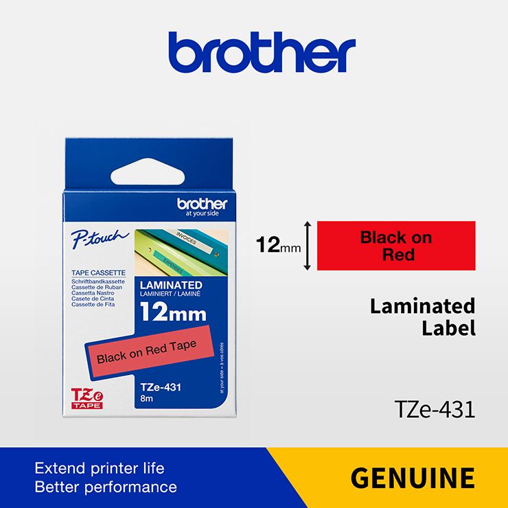 BROTHER P-TOUCH LABEL TAPE BLACK ON RED 12MM (TZE431)