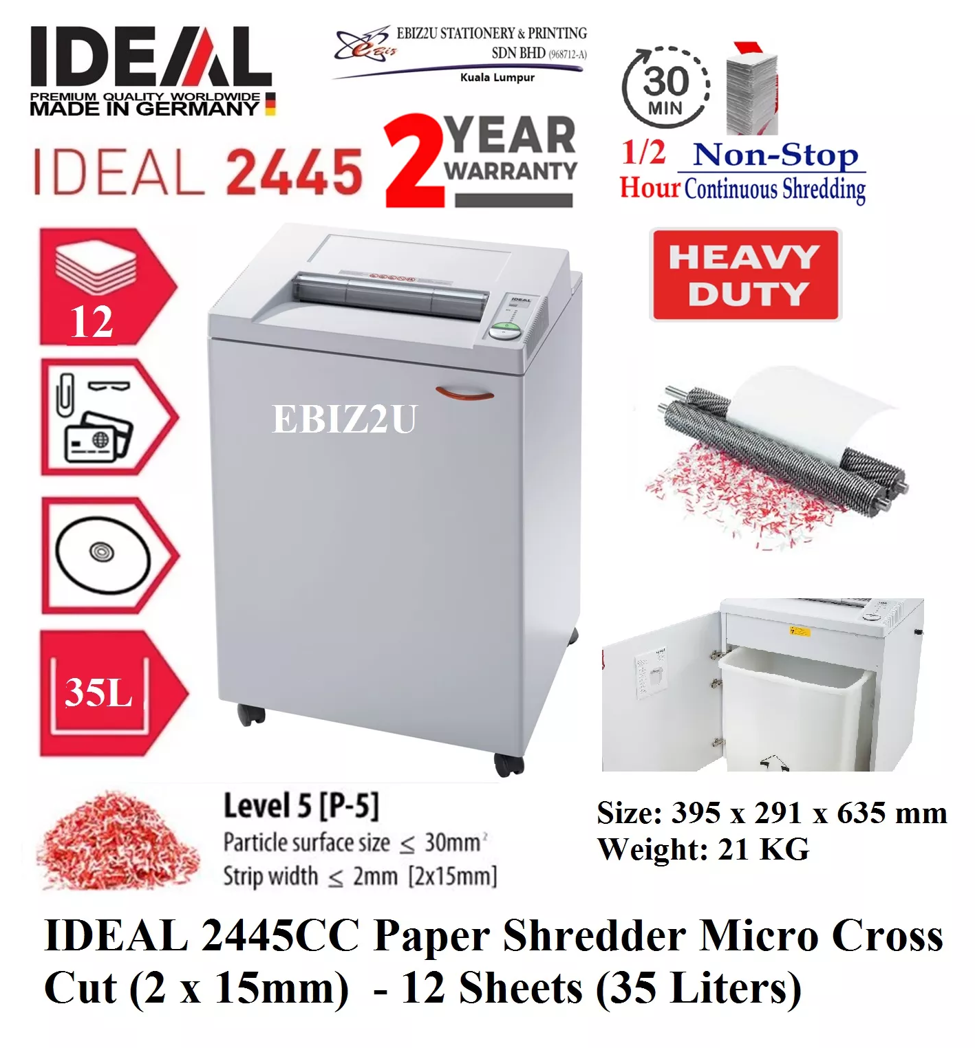 IDEAL 2445 CC Paper Shredder Micro Cross Cut (2 x 15mm) - 12 Sheets (35 Liters) (30 mins non stop, Micro Cut, Paper Shredder, Shredder Machine, Office Shredder, Heavy Duty Shredder, Mesin Penghancur Kertas)