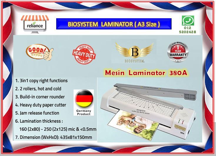 Biosystem Laminating Machine (A3) - Style 380A / Mesin Laminator Heavy Duty # 3 in 1 Function # Bubble Free # Germany Technology # RP0173 ( KTT : 1 Unit )