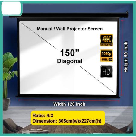 OEM *Manual Screen / Wall Screen 150" 12.5 ft width with 4:3 [Matte White] 120 width x 90 height