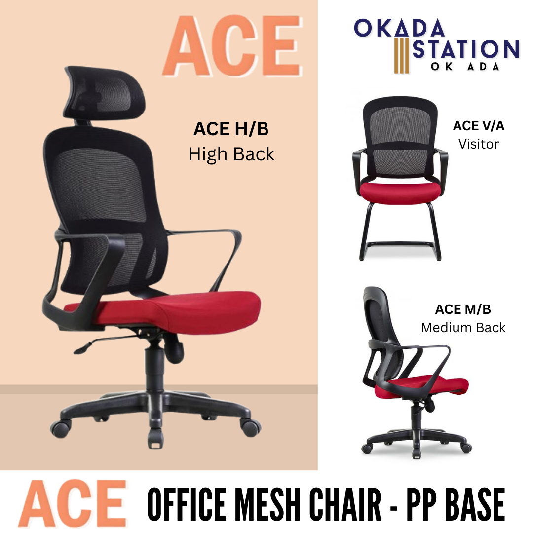 ACE ERGONOMIC OFFICE MESH CHAIR - ALL SIZE / MESH SERIES / OFFICE CONFERENCE CHAIR / OFFICE SWIVEL CHAIR / EXECUTIVE CHAIR / DIRECTOR CHAIR / OFFICE CHAIR / PP BASE / FABRIC / PU LEATHER / ACE
