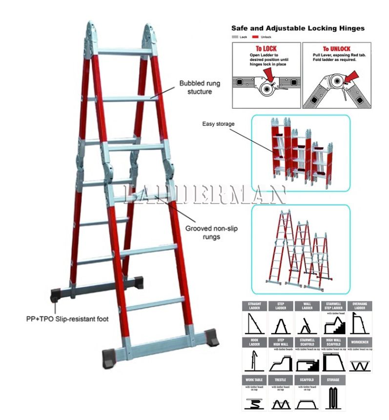 Fiberglass Heavy Duty 12 Step 3.5 Meter Multipurpose Ladder ( FAZ-4X3 ) RED COLOUR