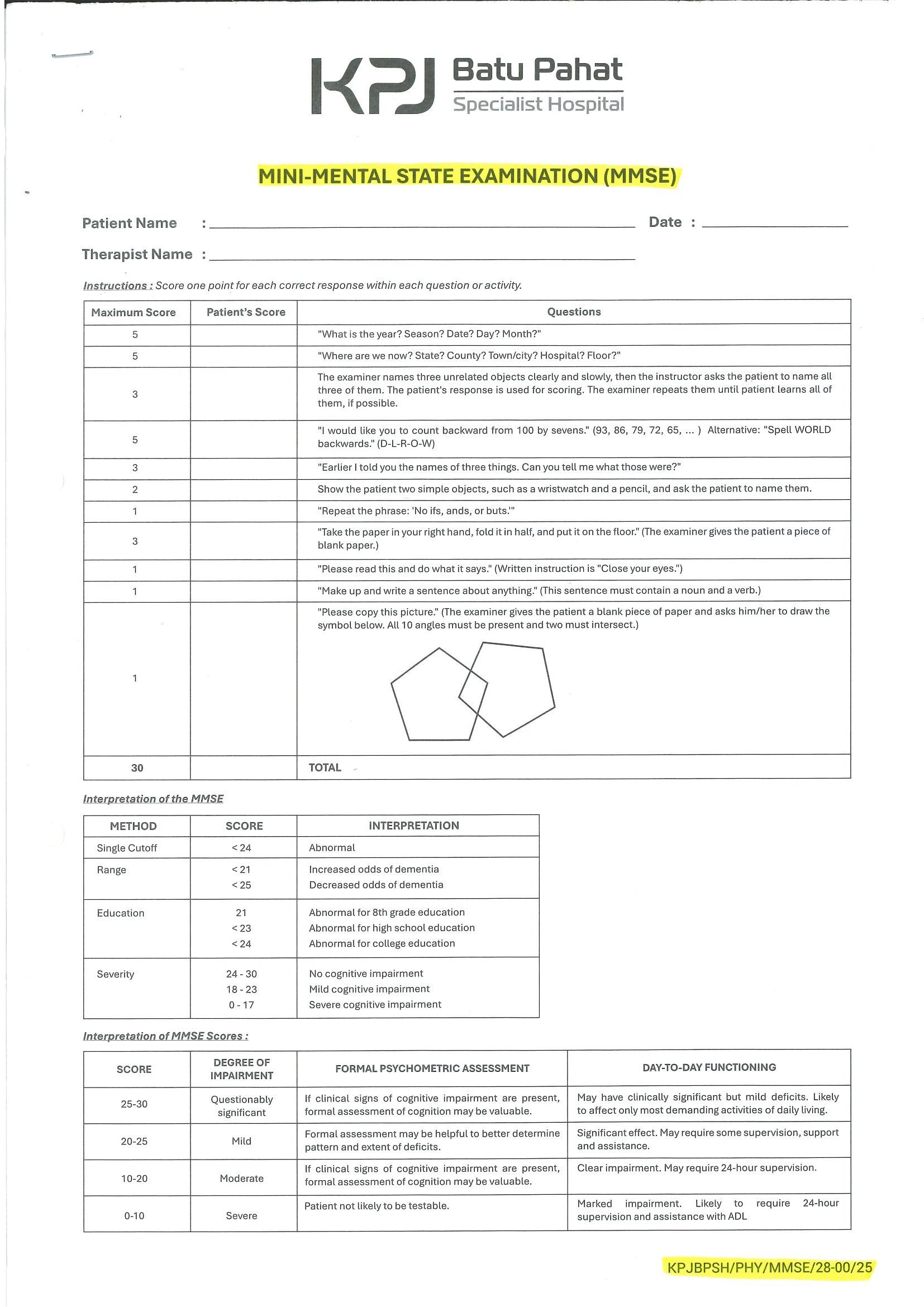 Mini-Mental State Examination (MMSE)