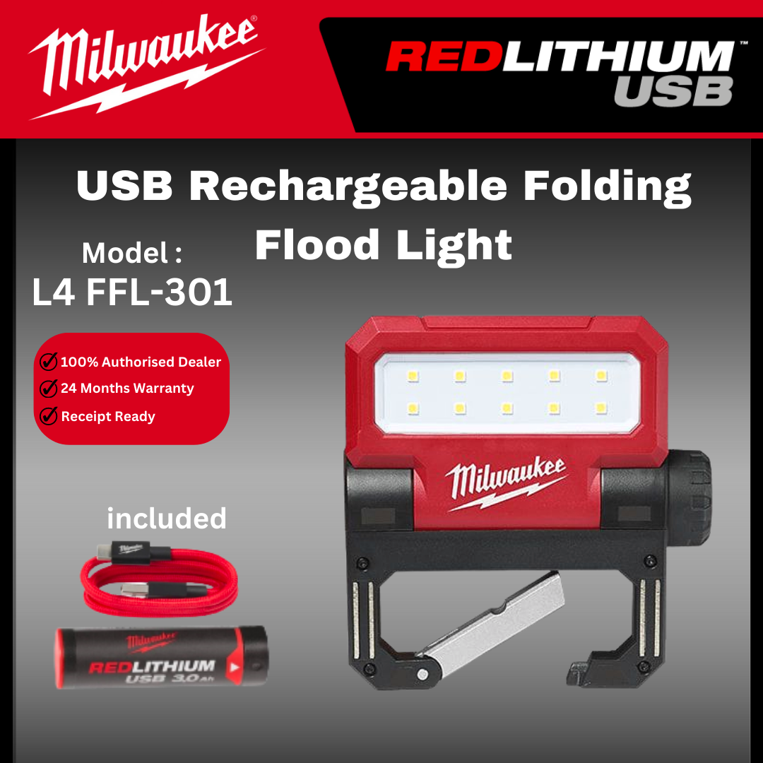 Milwaukee USB Rechargeable Folding Flood Light 550 Lumen / L4 FFL-301 / Torch Light / Flash Light / Flood Light / Work Light / Lampu Kerja / Milwaukee Light / Milwaukee Lampu