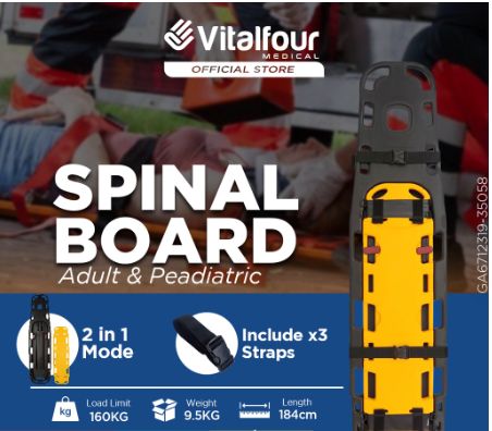 VITALFOUR AMBULANCE ADULT AND PAEDIATRIC SPINE BOARD W/3 STRAPS