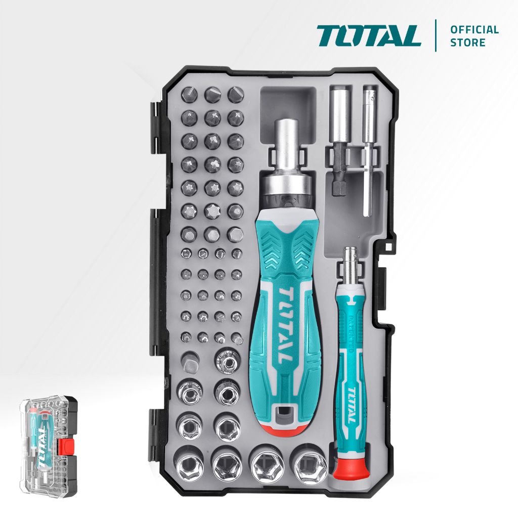 TOTAL SCREWDRIVER BITS SET (55 PCS) + HANDLES (2 PCS) + PRECISION BITS + SOCKETS (4MM-12MM/9 PCS) TACSD30556