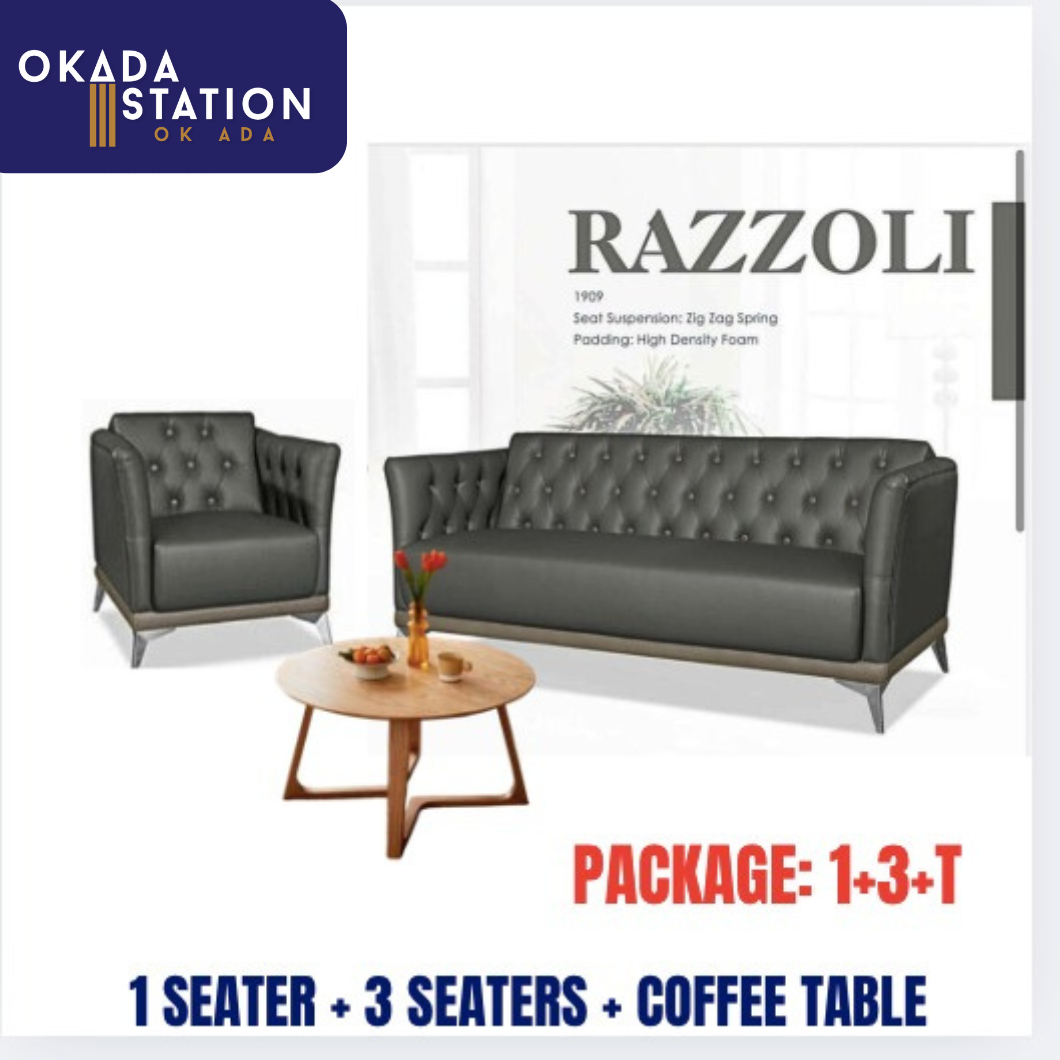 RAZZOLI SERIES OFFICE SOFA SET (1 SEATER + 3 SEATER + COFFEE TABLE) / 2 UNIT SOFA WITH TABLE SET / OFFICE SOFA WITH TABLE / OFFICE SOFA / VISITOR SOFA / SOFA PELAWAT / SOFA PEJABAT / SOFA / PU LEATHER / FABRIC / RAZZOLI 1909