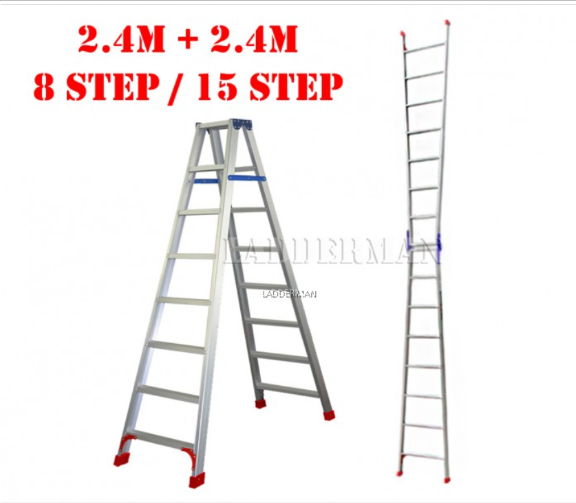 (2.4M + 2.4M) 4.8M 15 STEP MULTIFUNCTIONAL DUAL PURPOSE TWO WAY ALUMINIUM LADDER
