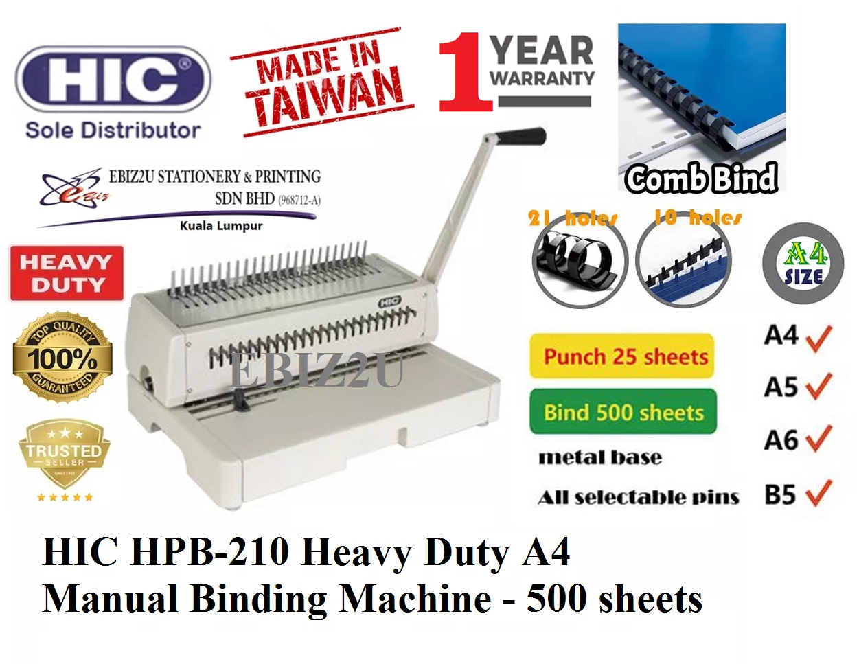 HIC HPB-210 Heavy Duty A4 Manual Binding Machine - 500 sheets (HPB 210, binding machine, heavy duty binding machine, comb binder, comb binding machine)