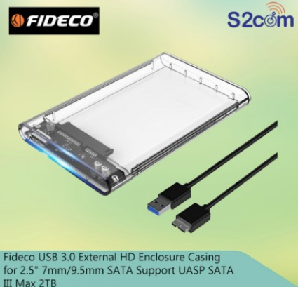 Fideco USB 3.0 External HD Enclosure Casing For 2.5" 7mm/9.5mm SATA Support UASP SATA III Max 2TB