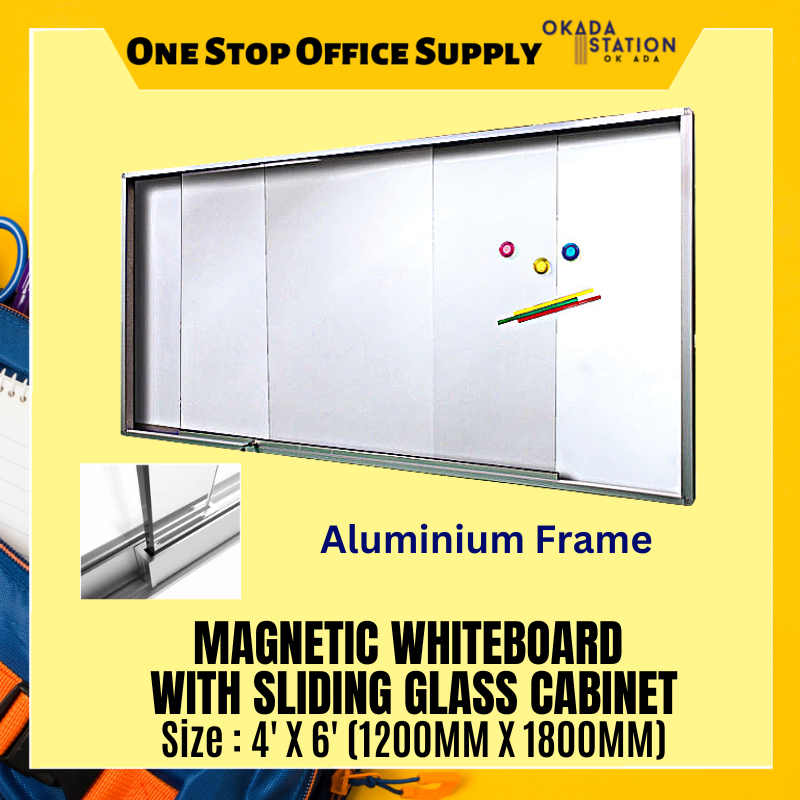 MAGNETIC WHITEBAORD WITH SLIDING GLASS CABINET (ALUMINIUM FRAME) 4' X 6' MAGNETIC WHITEBAORD WITH SLIDING GLASS CABINET (ALUMINIUM FRAME) - WITHOUT INSTALLATION & WITH INSTALLATION / MAGNETIC WHITEBOARD / WHITEBOARD / GLASS CABINET WHITEBOARD / WHITEBOARD WITH SLIDING GLASS CABINET / SCM-46