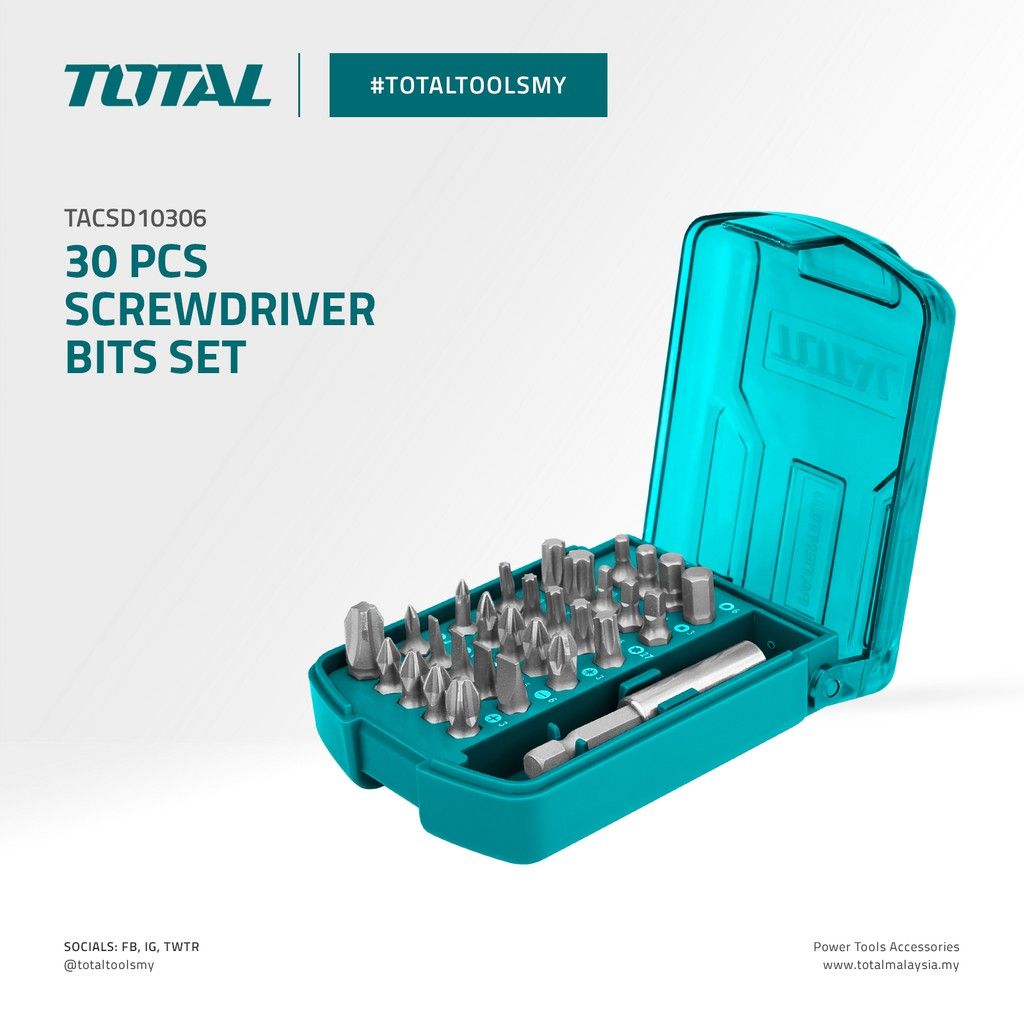 TOTAL SCREWDRIVER BITS SET FLAT SLOTTED PHILLIPS TORX HEX STAR BIT HOLDER & CARRY CASE (30 PCS) TACSD10306