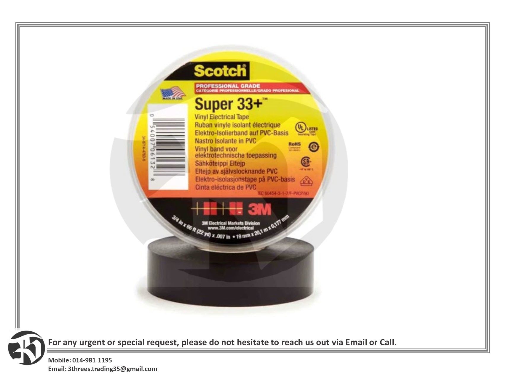 3M Scotch Super 33+ Black Vinyl Electrical Tape, 19mm x 20m