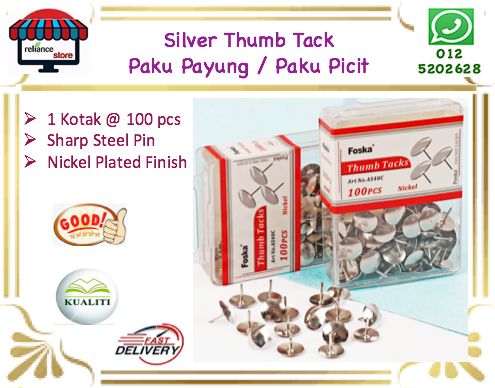 Silver Thumb Tack / Paku Tekan / Paku Payung / Paku Picit # Sharp Steel Thumbtack # RP1095 ( KTT : 1 Kotak @ 100 pcs )