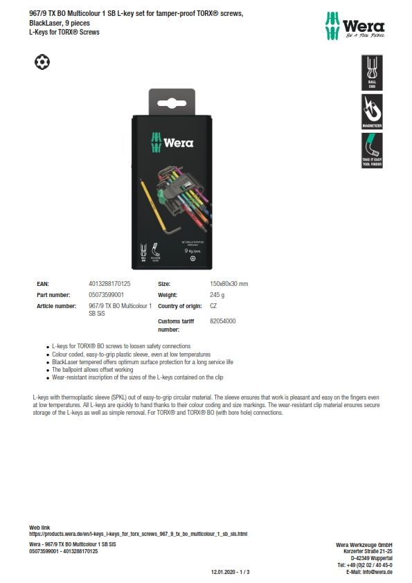 Wera *Wera 073599 9 Piece L Shape Long arm Torx Key Set