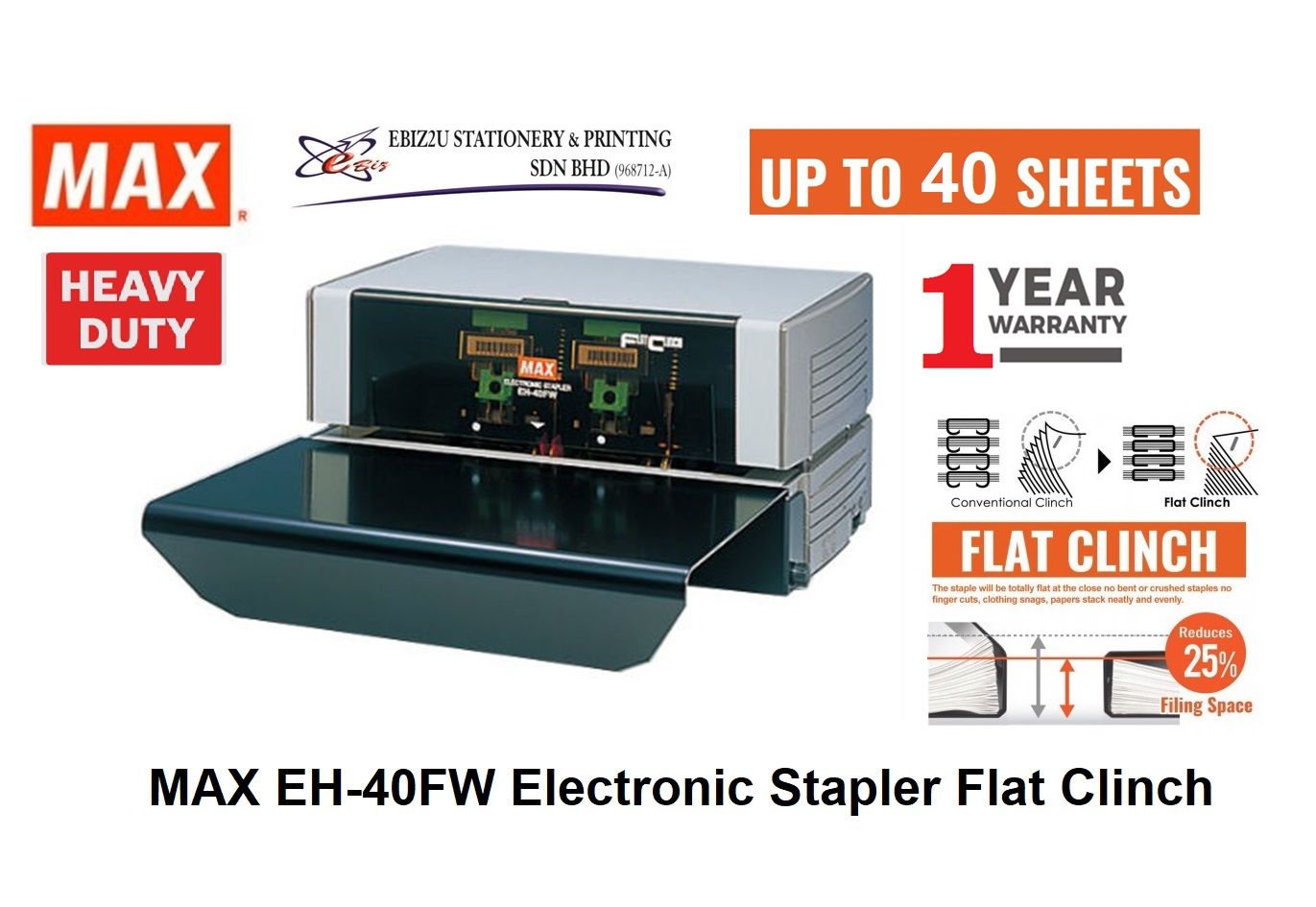 MAX EH-40FW Electronic Stapler Flat Clinch Anti-Jam Electric Stapler & Stapler Cartridge 40 Sheet