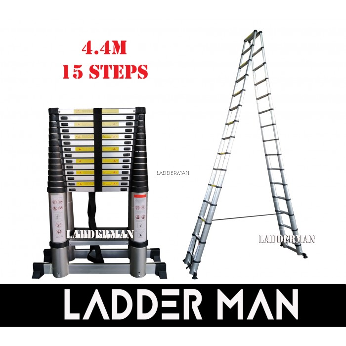 DOUBLE-SIDED TELESCOPIC EXTENDABLE ALUMINIUM LADDER 4.4M - 15 Steps
