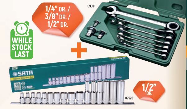 09081T520 - 10 PC DOUBLE RATCHETING WRENCH SET & 16 PC 1/2" DR. SOCKET CLIP RAIL SET (MM)