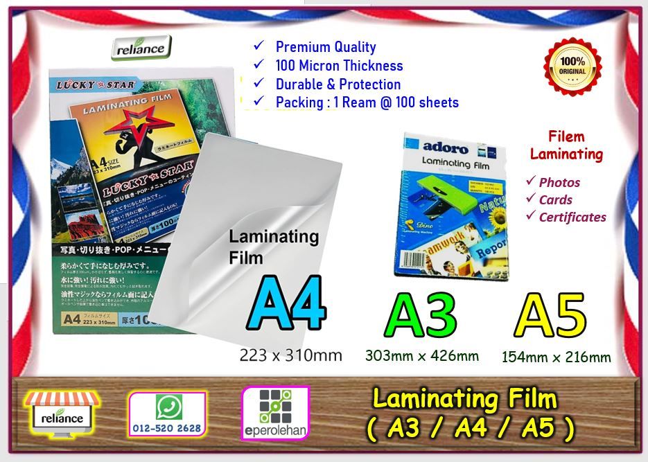 Laminating Film (A3 / A4 & A5 ) / Kertas Laminating - 100 Micron / Filem Laminating / Laminator Paper # A4 Laminating Film # A3 Laminating Film # A5 Laminating Film # RP0642 ( KTT : 1 Paket @ 100 Keping )