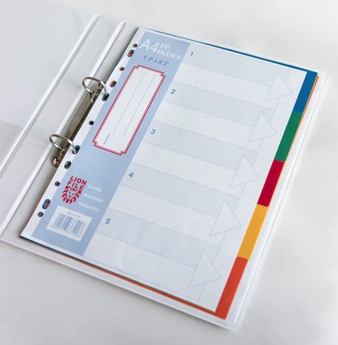 LIONFILE A4 5 COLOURED TAB INDEX DIVIDERS 0.13MM PP