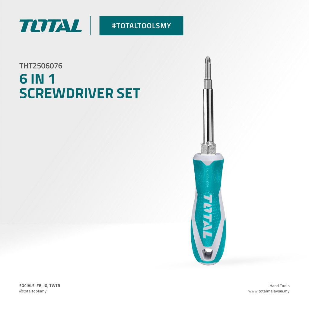 TOTAL 6 IN 1 SCREWDRIVER SET PHILLIPS PH1 + PH2 FLAT/SLOTTED SL5 + SL6 HEX SOCKET (6MM + 8MM) THT2506076
