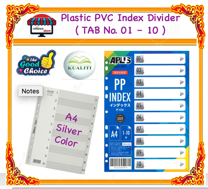 Plastic PVC Index Divider A4 ( Pattern -> TAB No. 01 - 10 ) / Pastic Coated Index Divider # APLUS PP-4104 # RP0676 ( KTT : 1 Paket @ 1 Set )