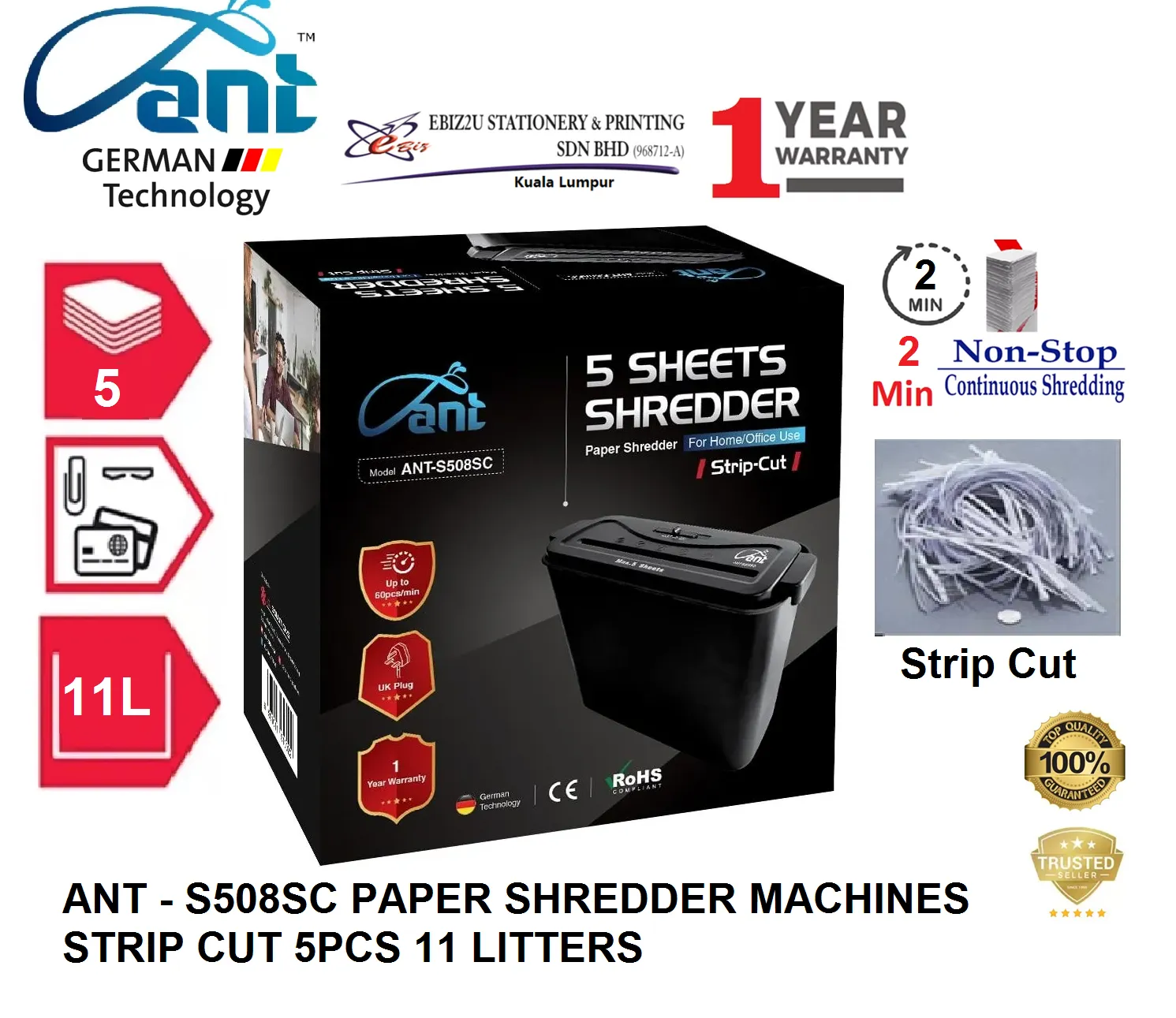 ANT - S508SC PAPER SHREDDER MACHINES STRIP CUT 5PCS 11 LITTERS WITH 1 YEAR WARRANTY (mesin perincih kertas, Mesin Penghancur Kertas)