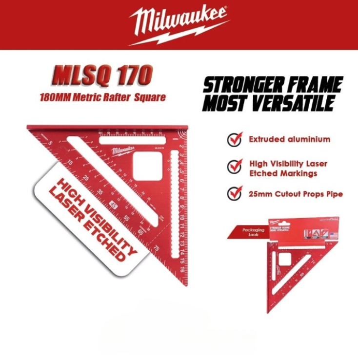 MILWAUKEE MLSQ170 180MM EXTRUDED ALUMINIUM METRIC RAFTER SQUARE