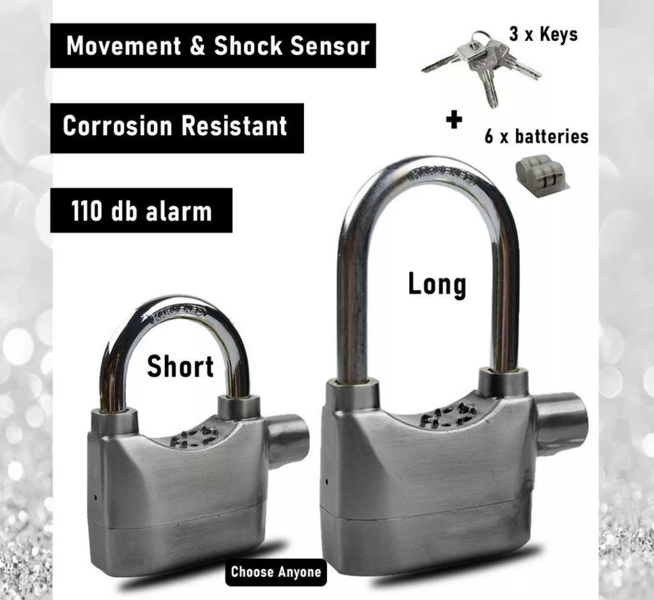 QS C380 Anti-Theft Siren Alarm Lock Chrome 110 DBA Padlock for Door/Bike/Car Pad Lock Kunci Berbunyi Corrosion Resistant (LONG)