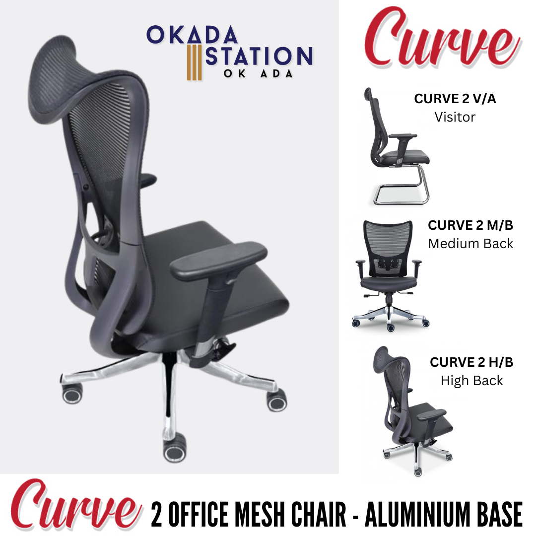 CURVE 2 ERGONOMIC OFFICE CHAIR - ALL SIZE / MESH SERIES / OFFICE CONFERENCE CHAIR / OFFICE SWIVEL CHAIR / EXECUTIVE CHAIR / DIRECTOR CHAIR / OFFICE CHAIR / ALUMINIUM BASE / FABRIC / PU LEATHER / CURVE 2