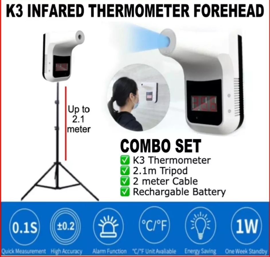K3Lamp Q3 infrared thermometer forehead with 2.1m tripod, 2m cable and rechargeable battery