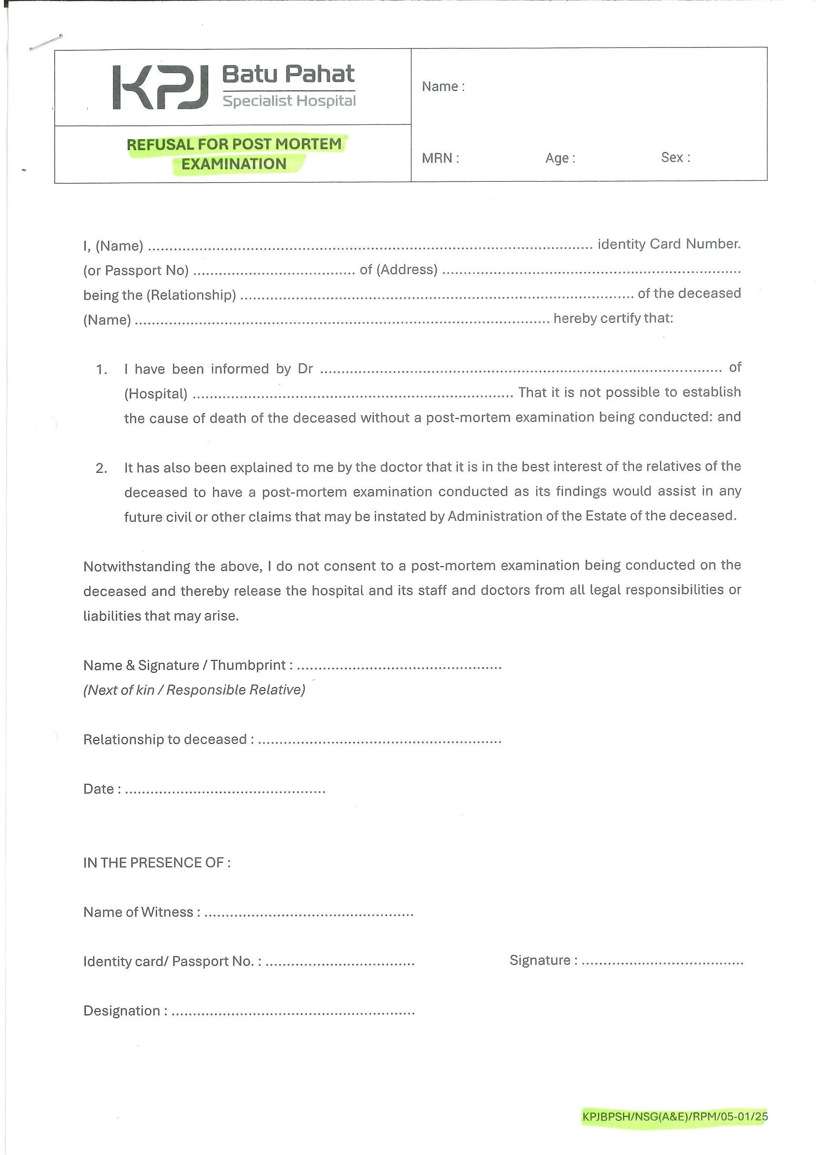 Refusal For Post Mortem Examination