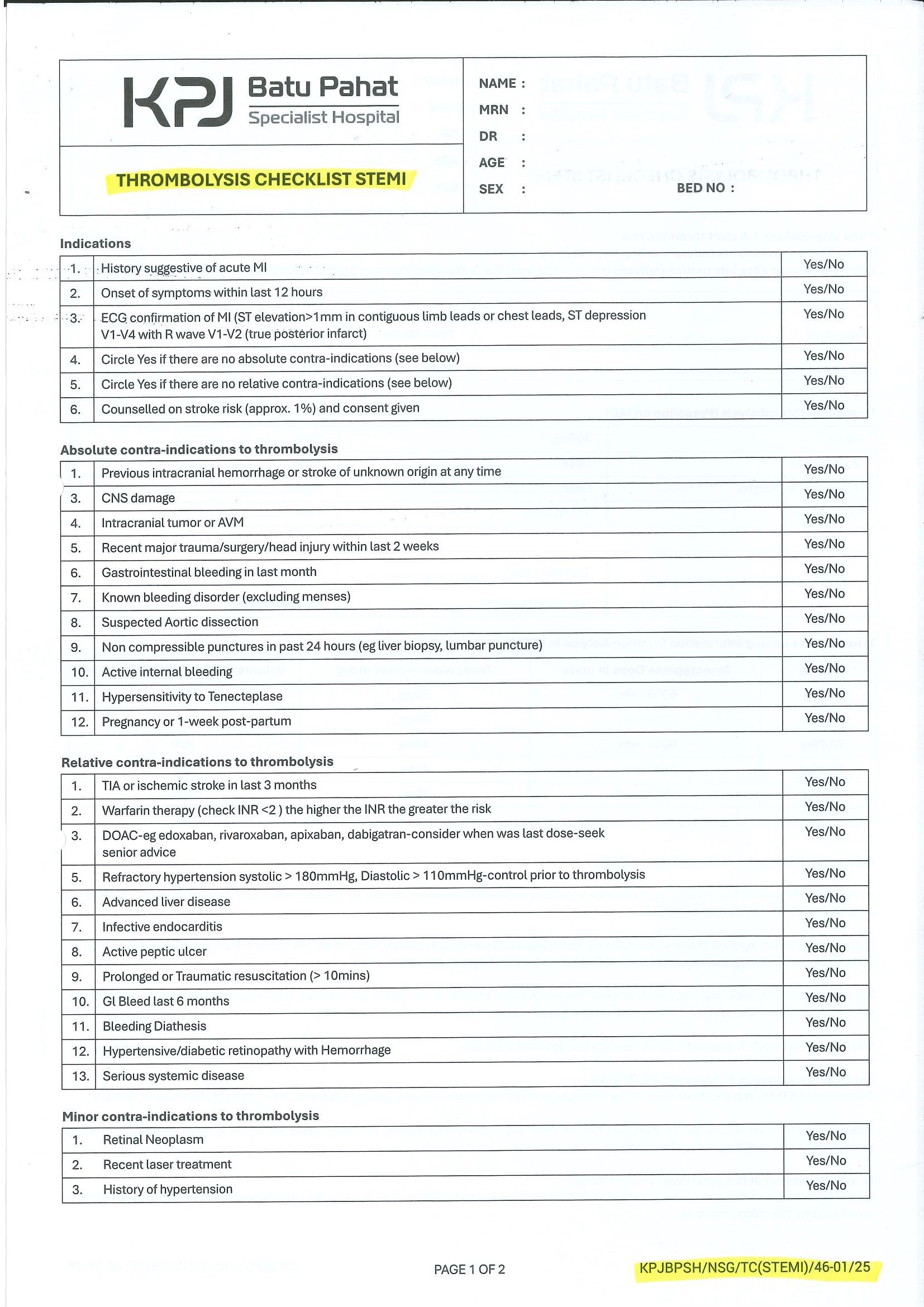 Thrombolysis Checklist STEMI