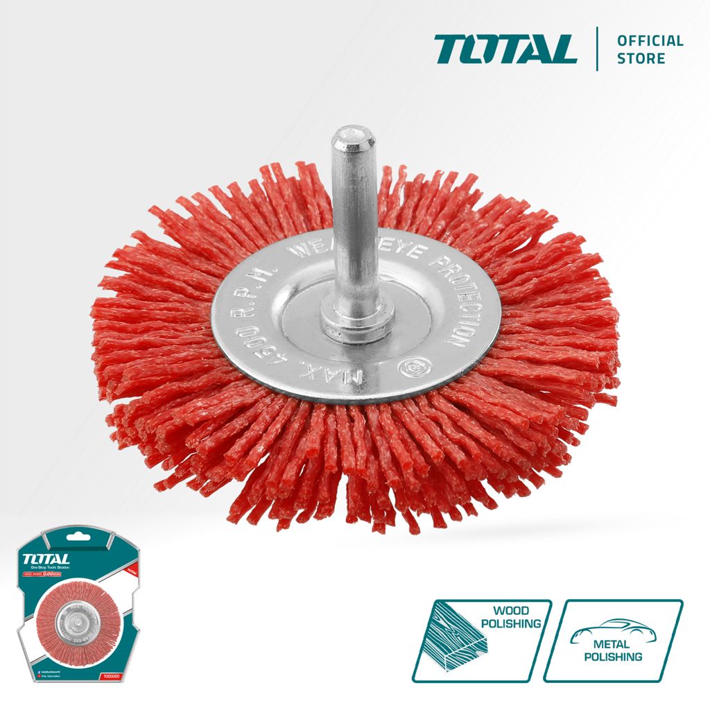 TOTAL NYLON WHEEL BRUSH WITH SHANK STEEL & WOOD FOR ROUGHENING REMOVING SOFT DEPOSITS & PAINT STRIPPING (3") TAC34035