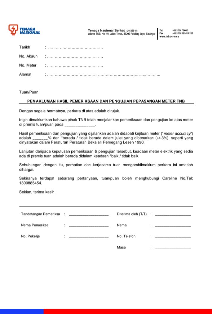 Customize Ocha Borang Pemakluman hasil ujian Pepasangan meter : Size A4 Delivery free