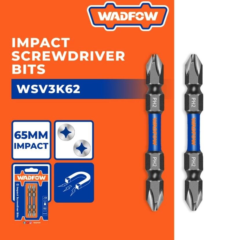 WADFOW IMPACT SCREWDRIVER BITS HEAD PH2 + PH2 S2 INDUSTRIAL STEEL WITH MAGNET (65MM X 2 PCS/SET) WSV3K62