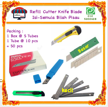 Refill Cutter Blades / Bilah Pisau Isi Semula # CB-S Kecil # CB-L Besar ( KTT : 1 Kotak @ 10 Tube x 5 Bilah Pisau )