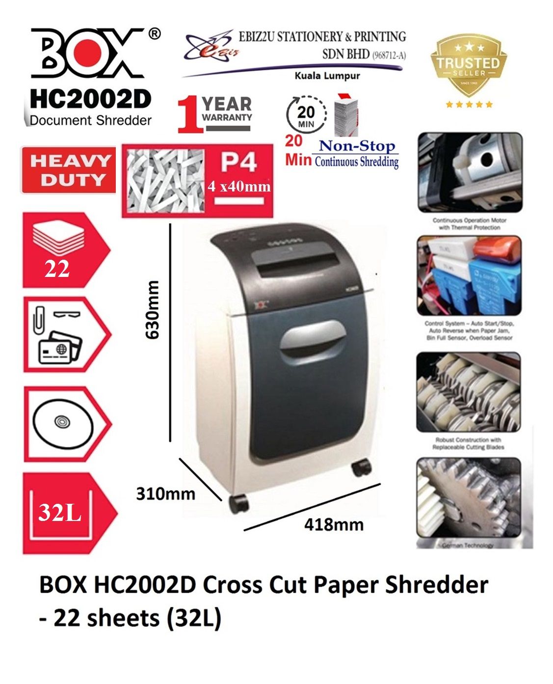 BOX HC2002D Cross Cut Paper Shredder - 22 sheets (32L) (Cross Cut, Paper Shredder, Shredder Machine, Office Shredder, Heavy Duty Shredder, Mesin Penghancur Kertas)