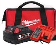 MILWAUKEE M18™ Starter Pack B5 M18™ 5.0Ah REDLITHIUM™-ION Battery M12™ - M18™ Charger M18™ Contractor Bag (Medium)