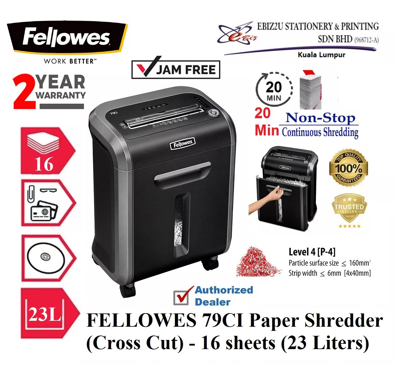 FELLOWES 79CI Paper Shredder (Cross Cut - 4 x 38mm) - 16 sheets (23 Liters) Cross Cut, Paper Shredder, Shredder Machine, Office Shredder, Heavy Duty Shredder, Mesin Penghancur Kertas)