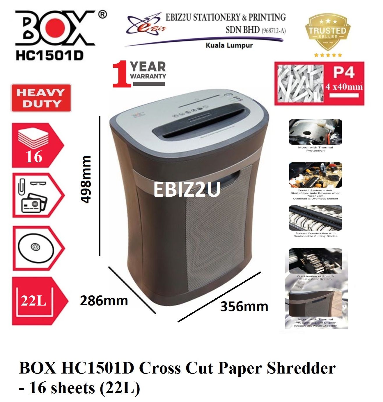BOX HC1501D Cross Cut Paper Shredder - 16 sheets (22L) (Cross Cut, Paper Shredder, Shredder Machine, Office Shredder, Heavy Duty Shredder, Mesin Penghancur Kertas)