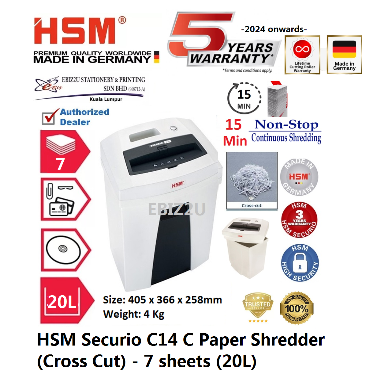 HSM Securio C14 C Paper Shredder (Cross Cut) - 7 sheets (20L) C14C (Cross Cut, Paper Shredder, Shredder Machine, Office Shredder, Heavy Duty Shredder, Mesin Penghancur Kertas)
