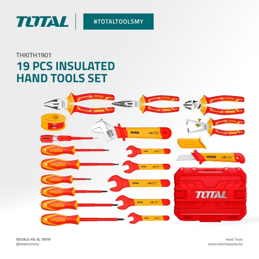 TOTAL INSULATED HAND TOOLS SET WITH PLIERS SCREWDRIVER SPANNER KNIFE WRENCH & TAPE IN CASE/BOX (19 PCS) THKITH1901 (VDE Approved Certifications)