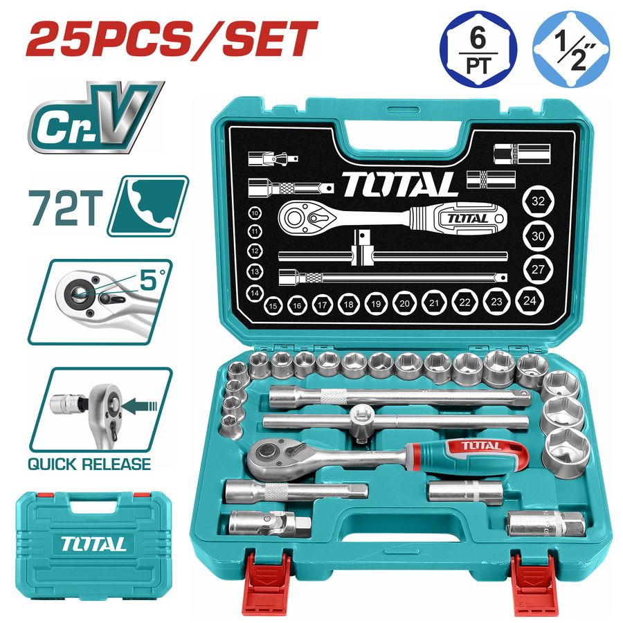 Total Socket Set with Extension Sliding Bar/Universal Joint/Spark Plug/Ratchet 25pcs 1/2" THT121251