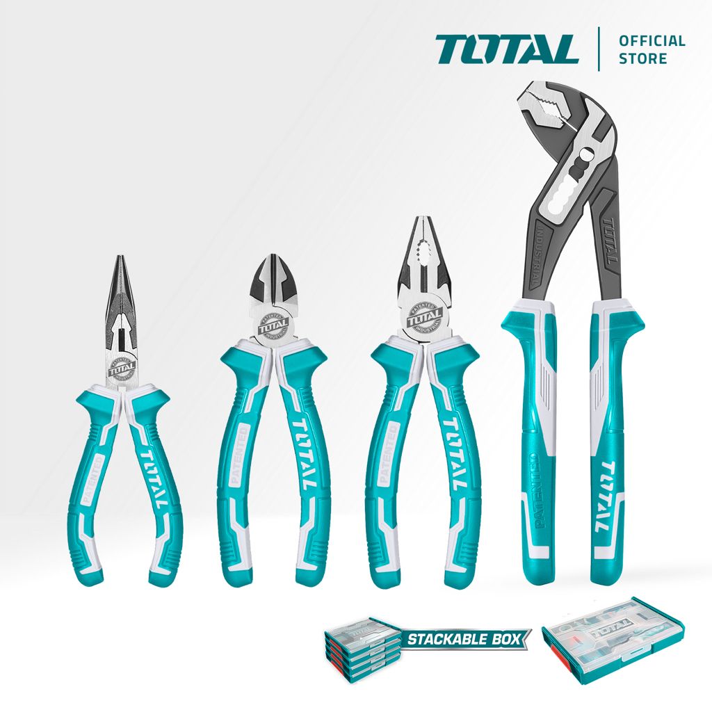TOTAL PLIERS SET WITH COMBINATION + DIAGONAL CUTTING + LONG NOSE + PUMP IN STACKABLE BOX (4 PCS) THKTV02P041