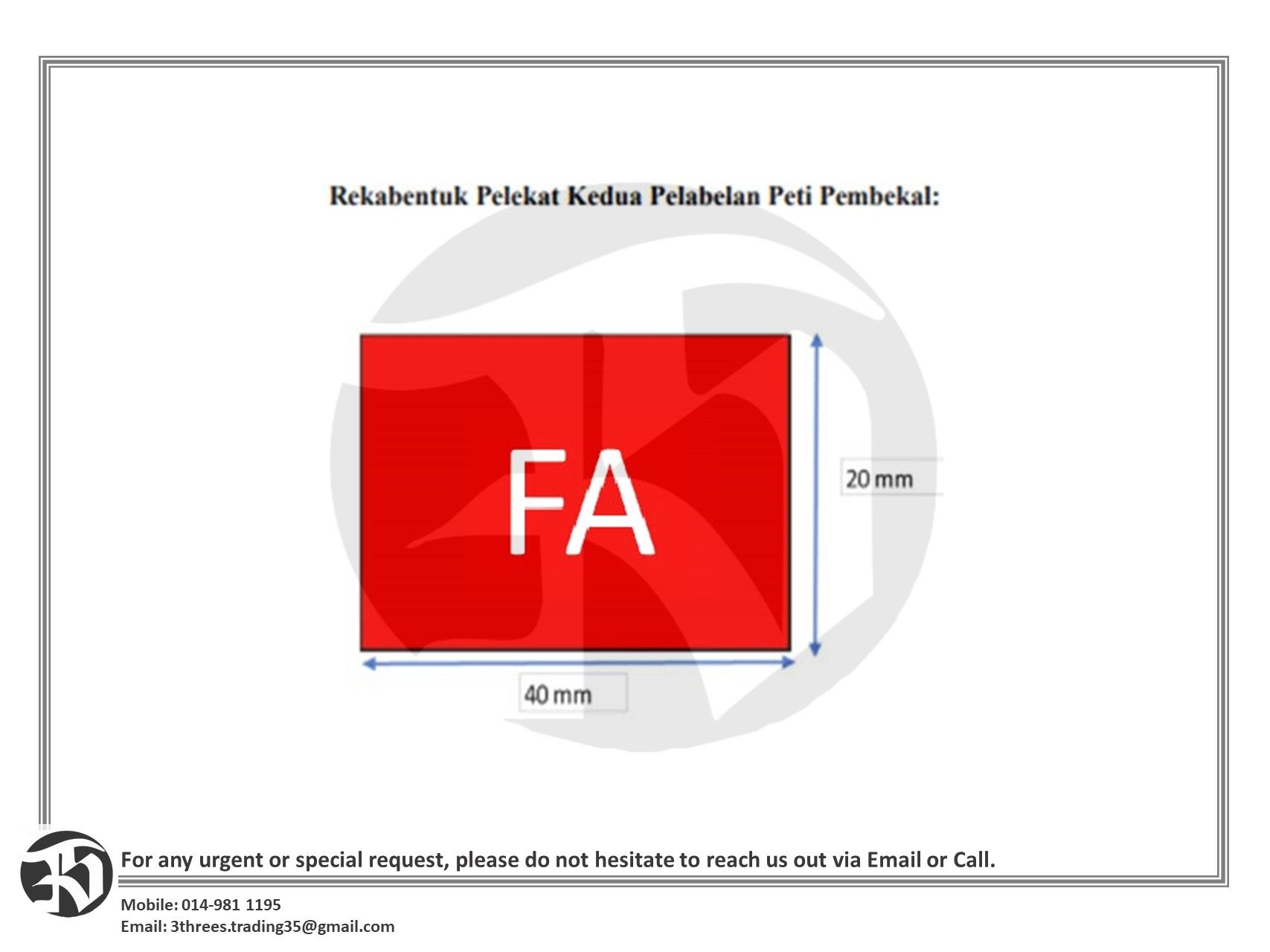 TNB Custom Sticker 40mm x 20mm (Pelabelan Pengalir Peti Pembekal TNB) FA-FJ