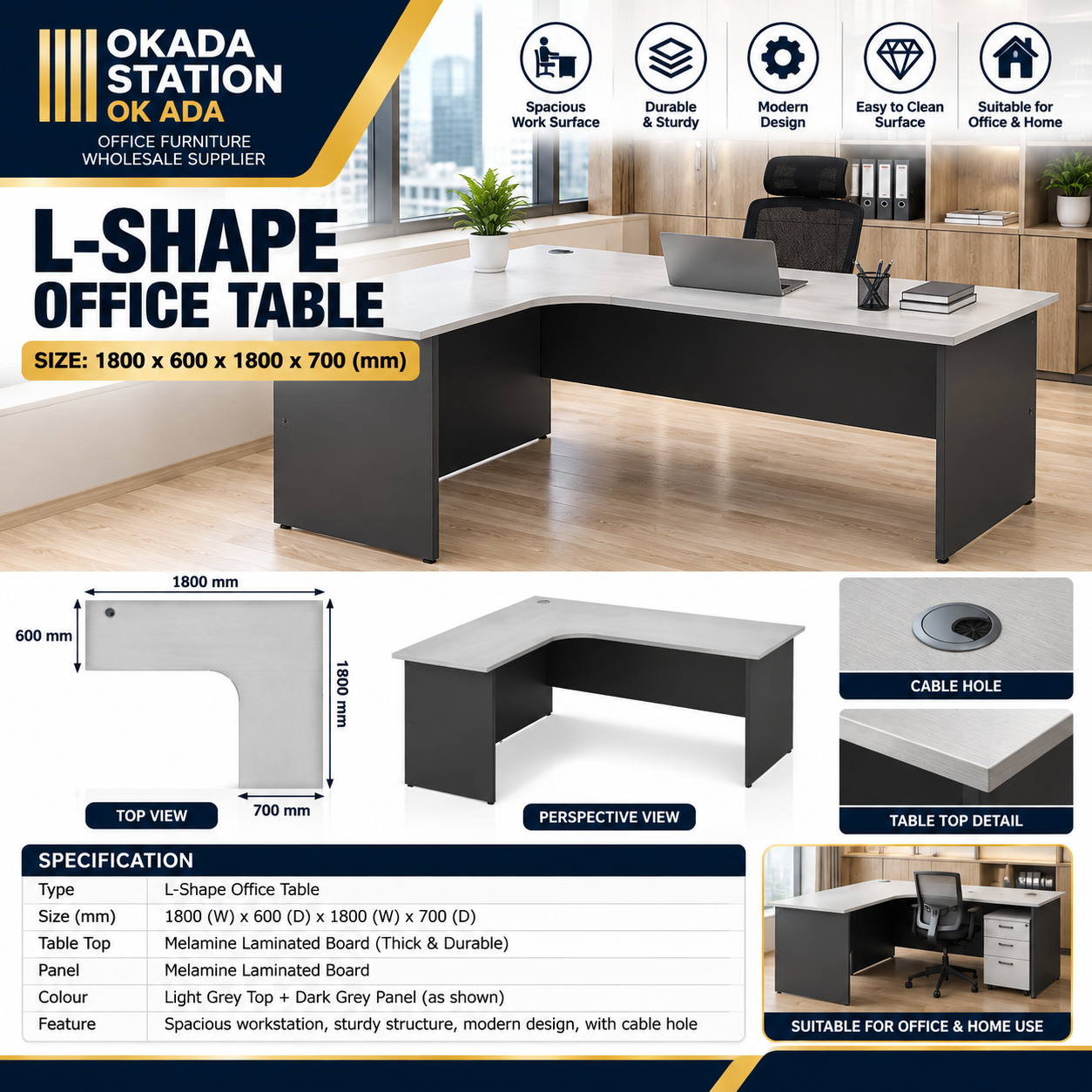 OKADA GL1818 6FT X 6FT L SHAPE TABLE